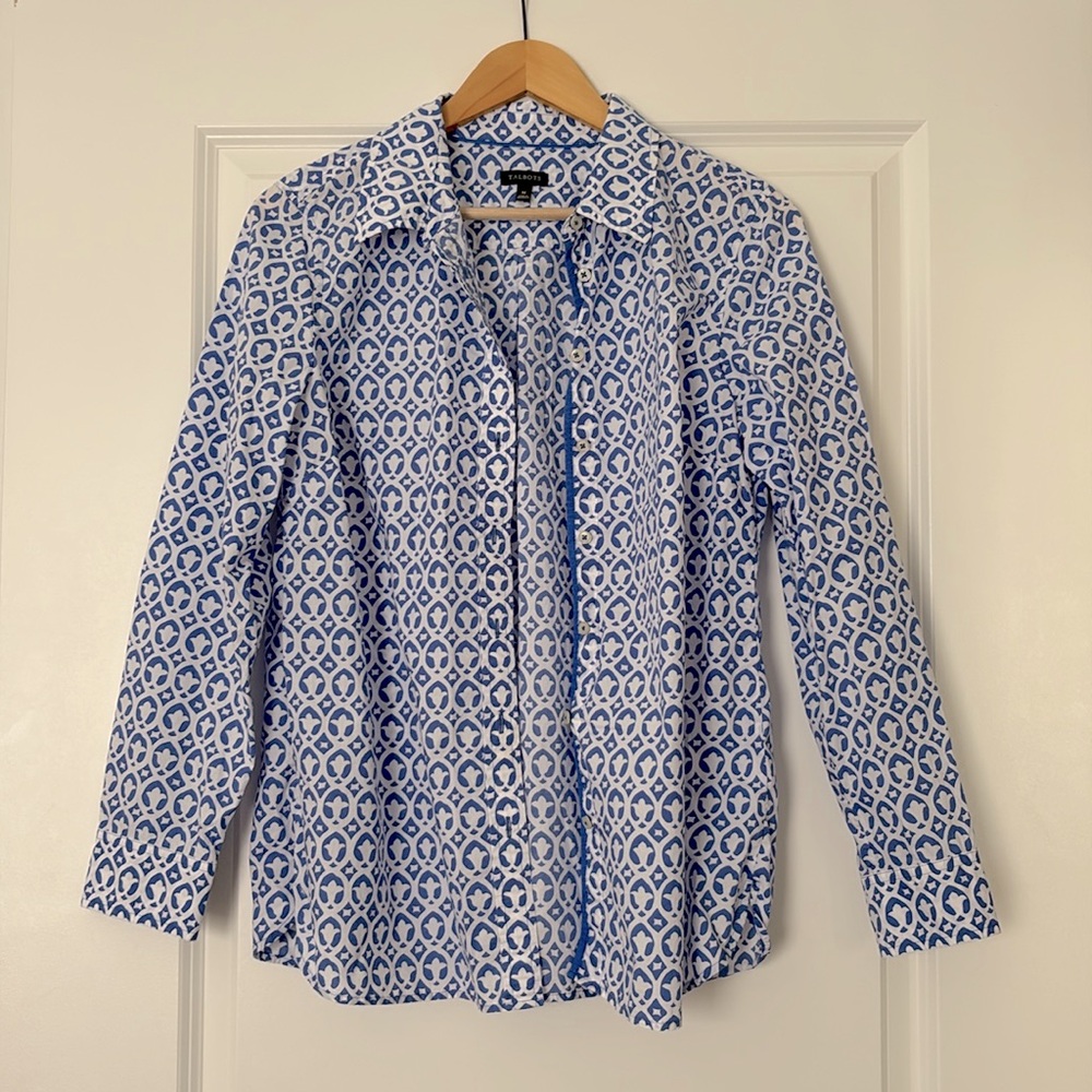 Talbots blue and white print button down